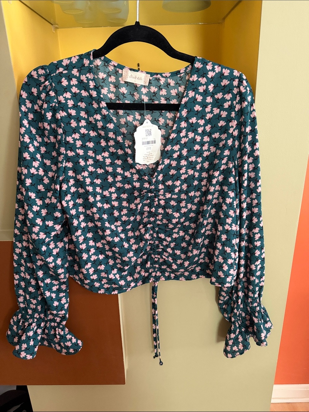 Altar'd State Teal Floral Tie-Front Blouse with Pink Accents
